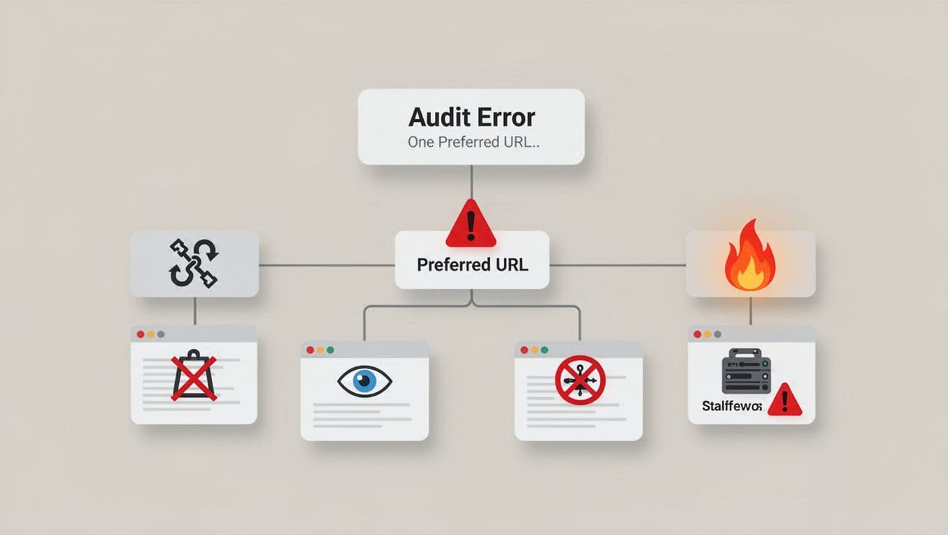 A preferred URL connects to four pages with different SEO error warnings.