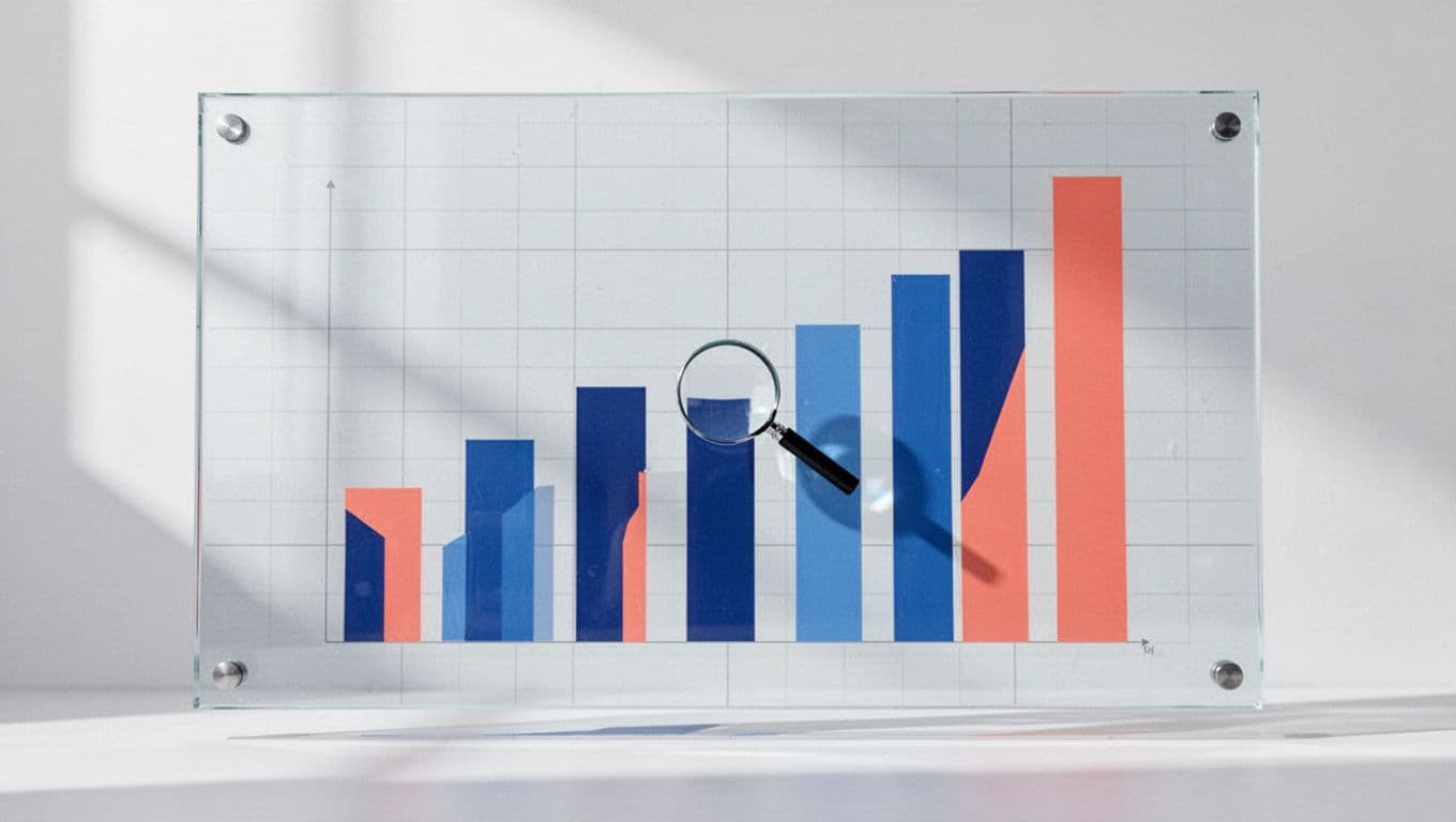 Cobalt and coral bars increase across a glass board beside a magnifying glass.