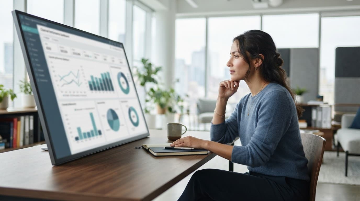Analyst viewing a blurred performance dashboard beside a notebook.