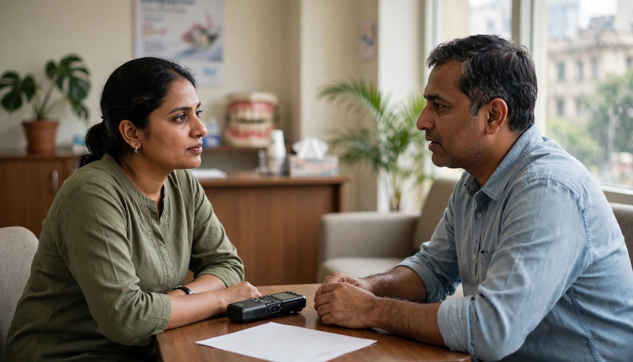 A business owner listens to a customer beside a recorder and blank form.