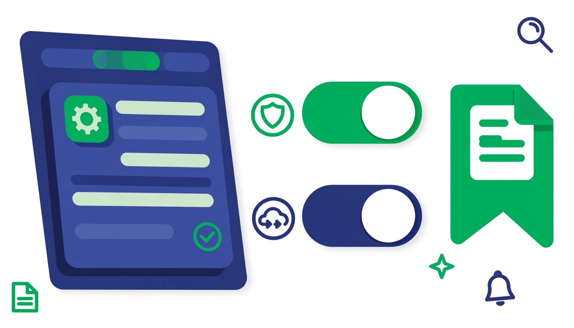 A settings card beside two toggles and a green index symbol.