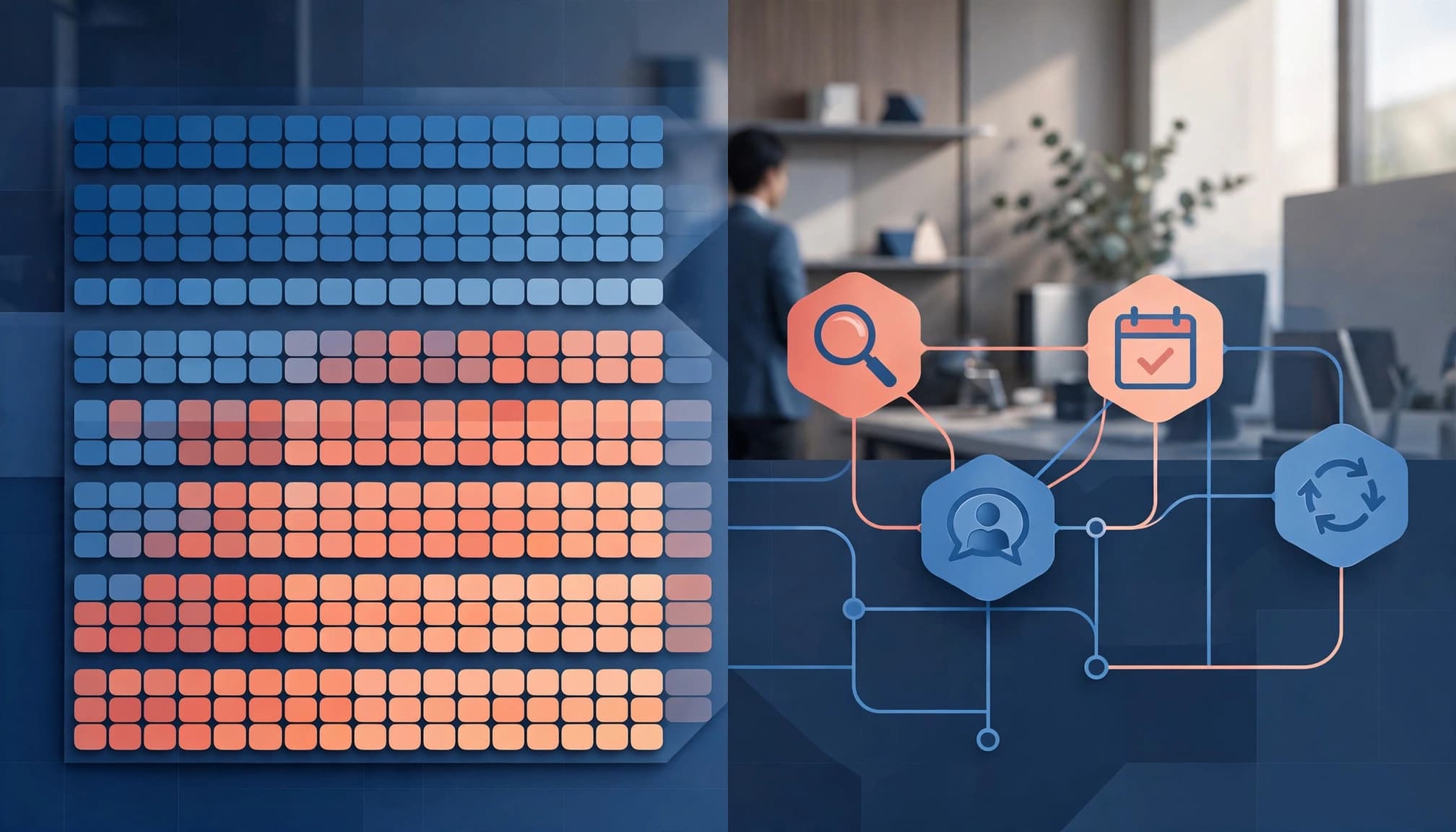 Split visual showing customer cohorts by acquisition month and behavior, with one person in the background.