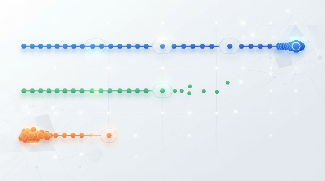 Three colored cohorts progress across a grid toward customer milestones at different stages.