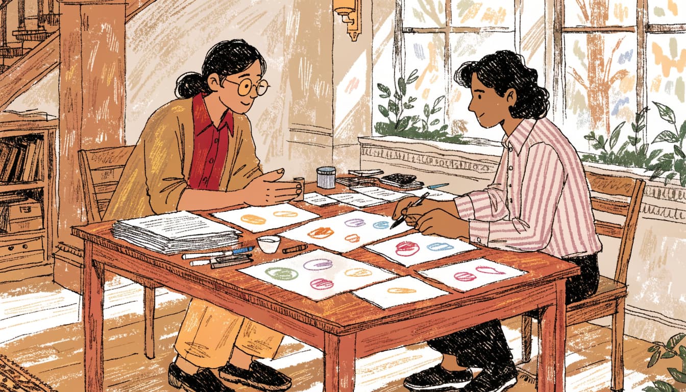 Two colleagues sort blank enquiry cards together in a sunlit office.