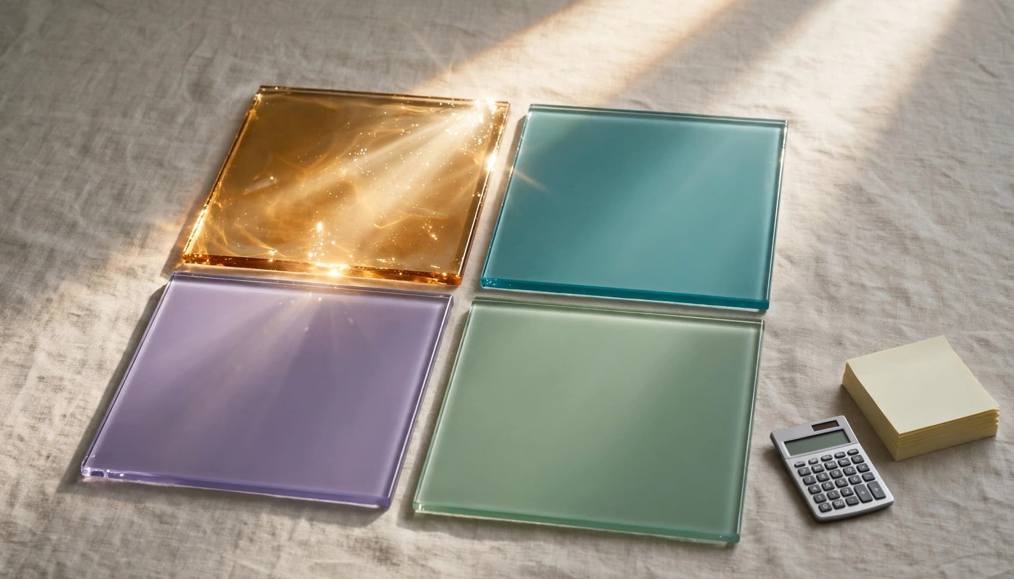 Four colored glass tiles sit beside a calculator and blank sticky notes.