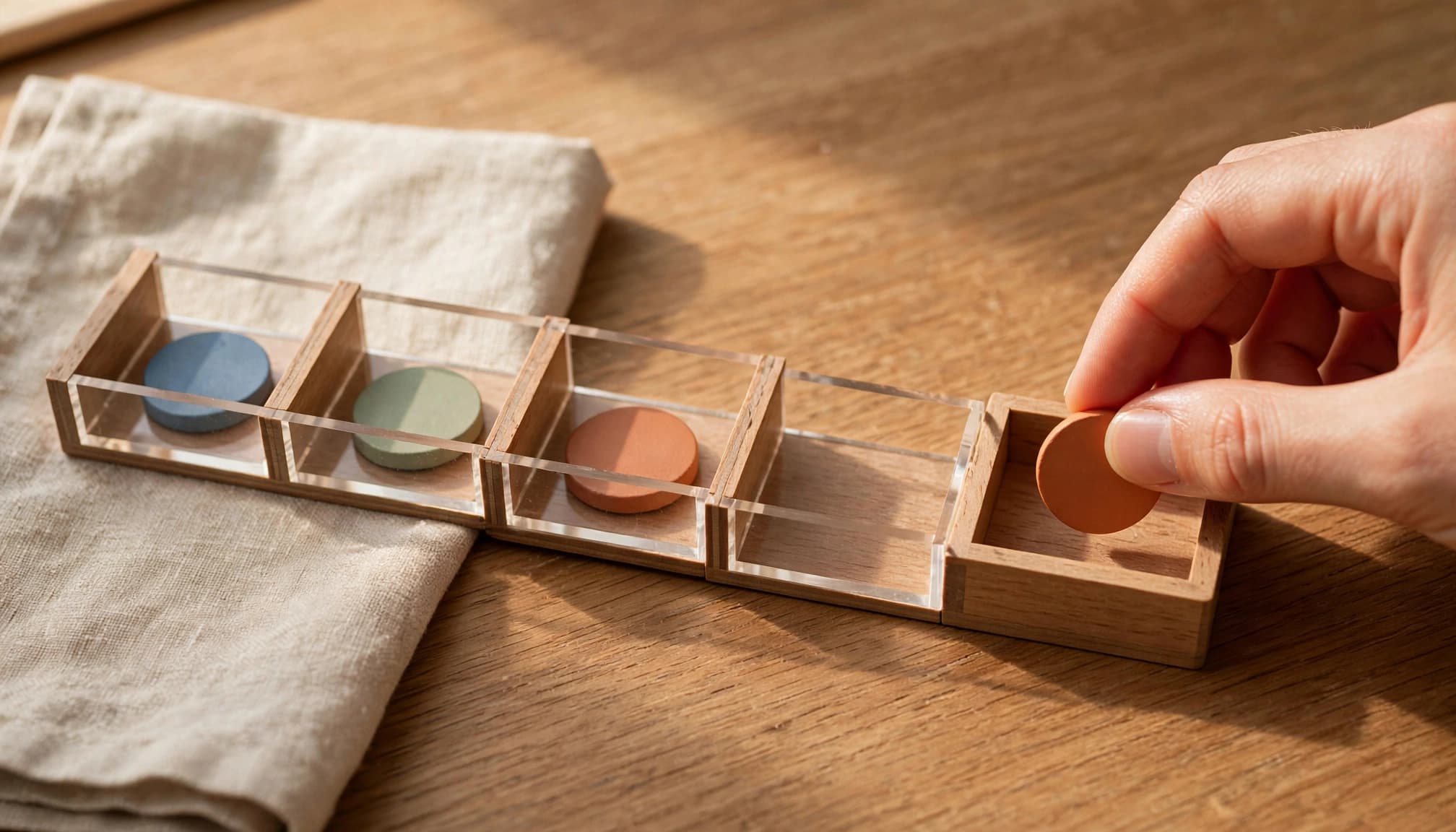 A hand places a colored token at the final stage of a miniature pathway.