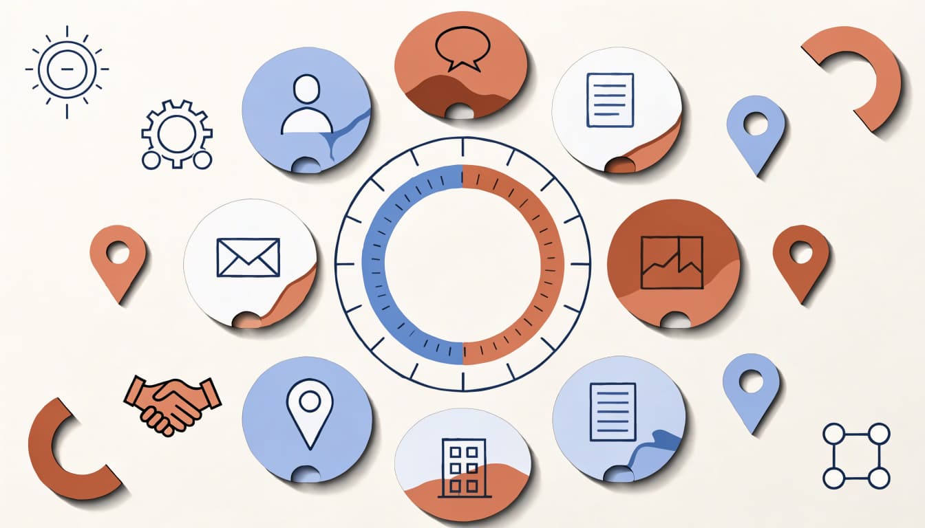 Profile tiles, pins, and industry symbols circle an account-fit gauge.