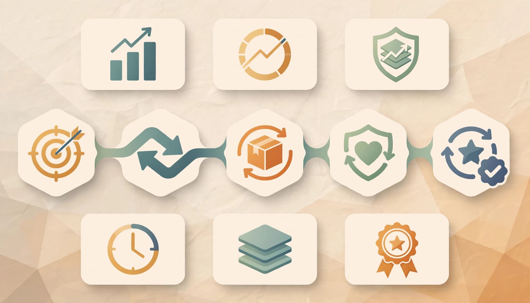 A connected path links a qualified lead to delivery and a repeat client beside KPI cards.