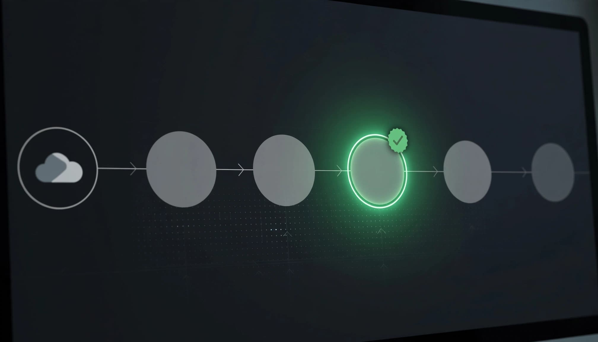 A monitor shows connected abstract nodes with one highlighted beside a success badge.