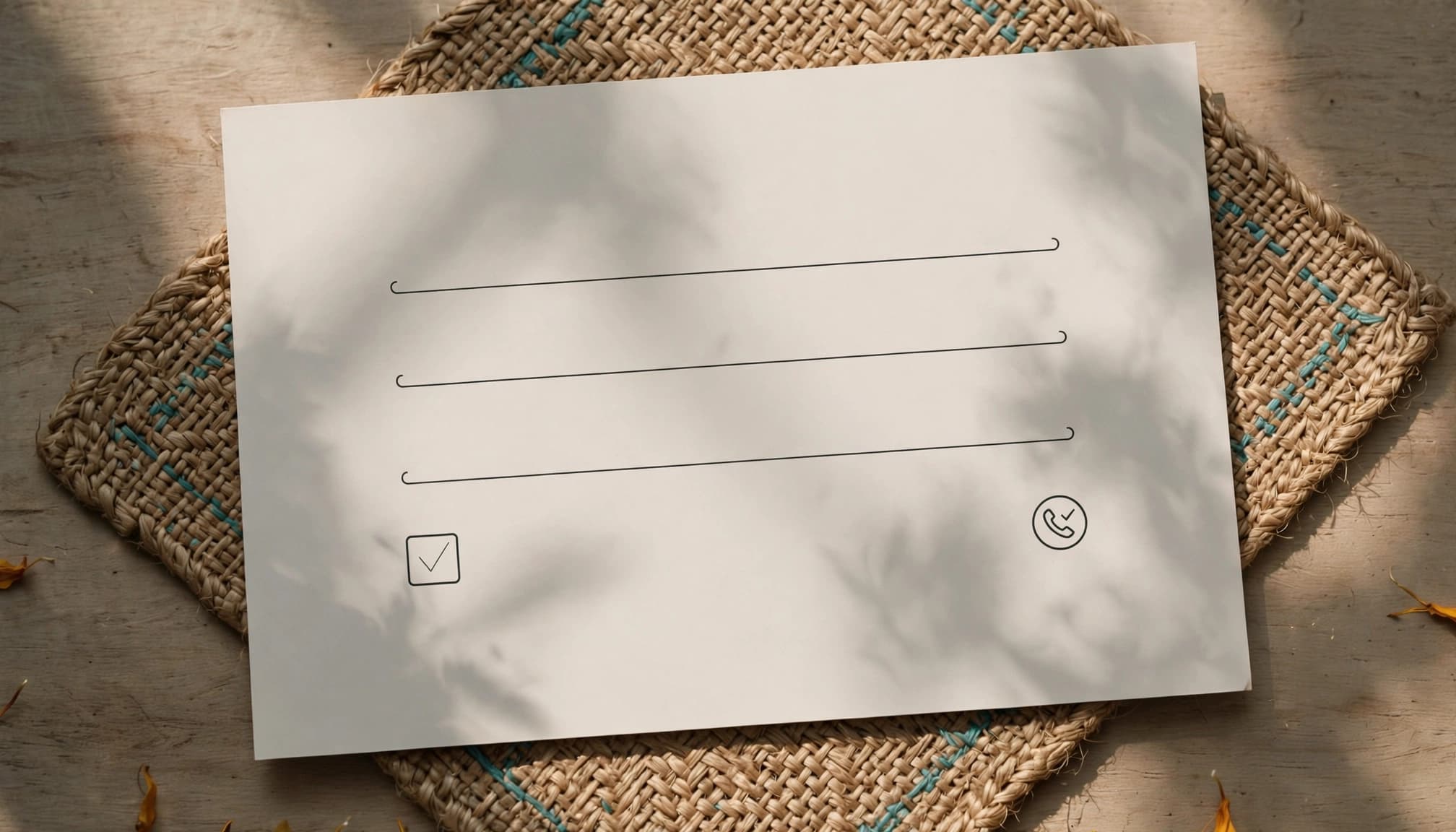 Blank form lines and a consent checkbox sit beside a phone symbol on a sunny desk.