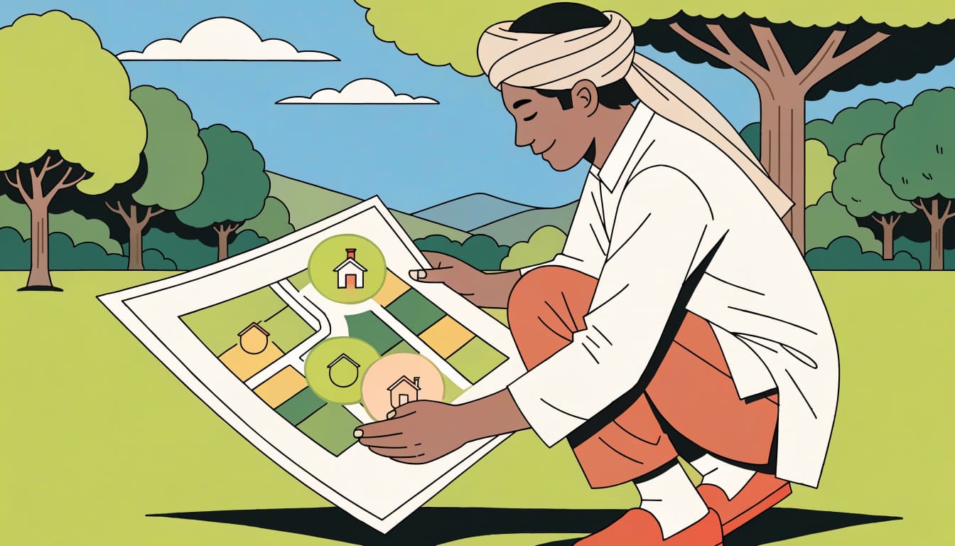A contractor studies a neighborhood map with coverage circles and a house icon.