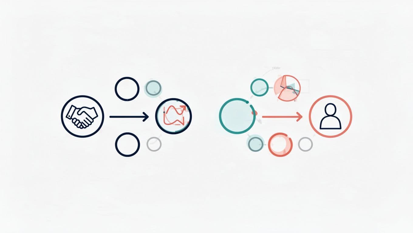 Two abstract conversion paths end at a sales handoff and a customer icon.