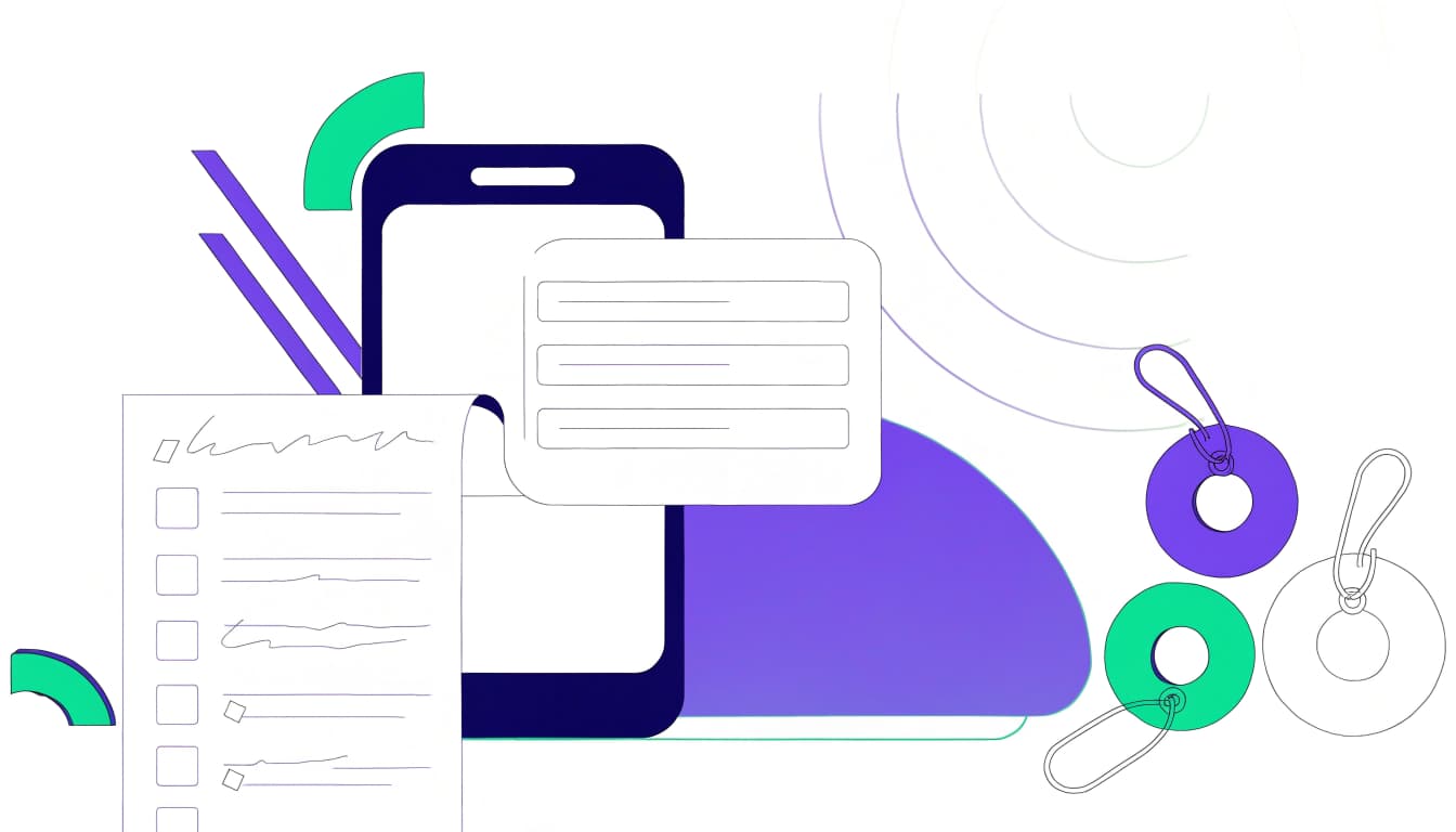 A smartphone and blank checklist sit before simple violet and green analytics shapes.