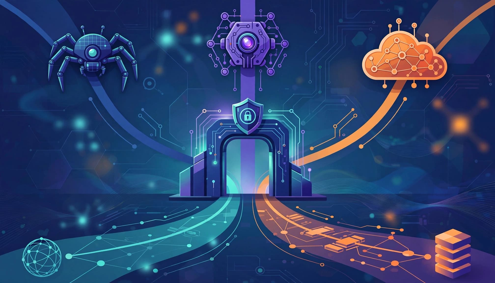 Three crawler symbols approach a central gate along separate colored paths.