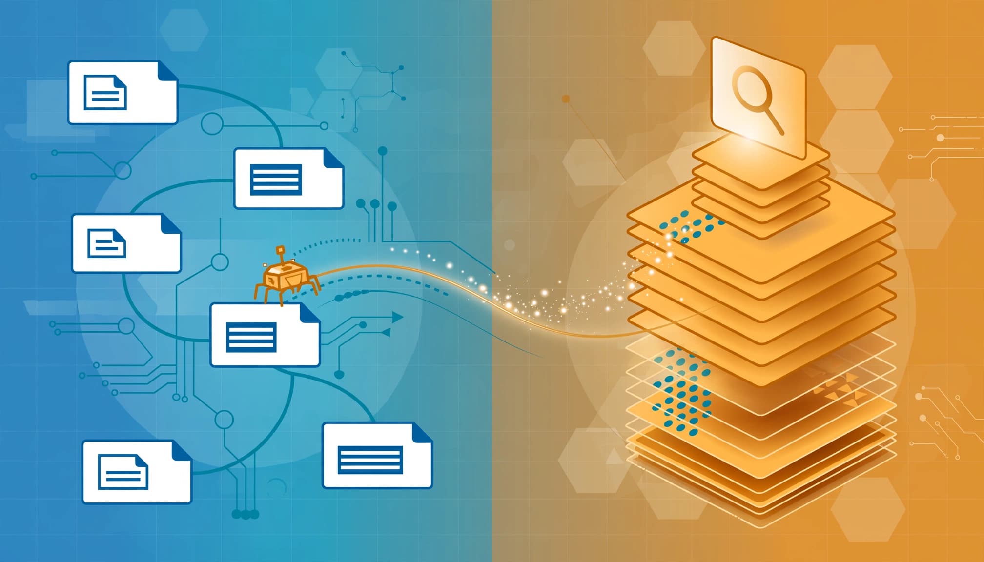 A crawler follows webpage paths beside a stacked search index illustration.