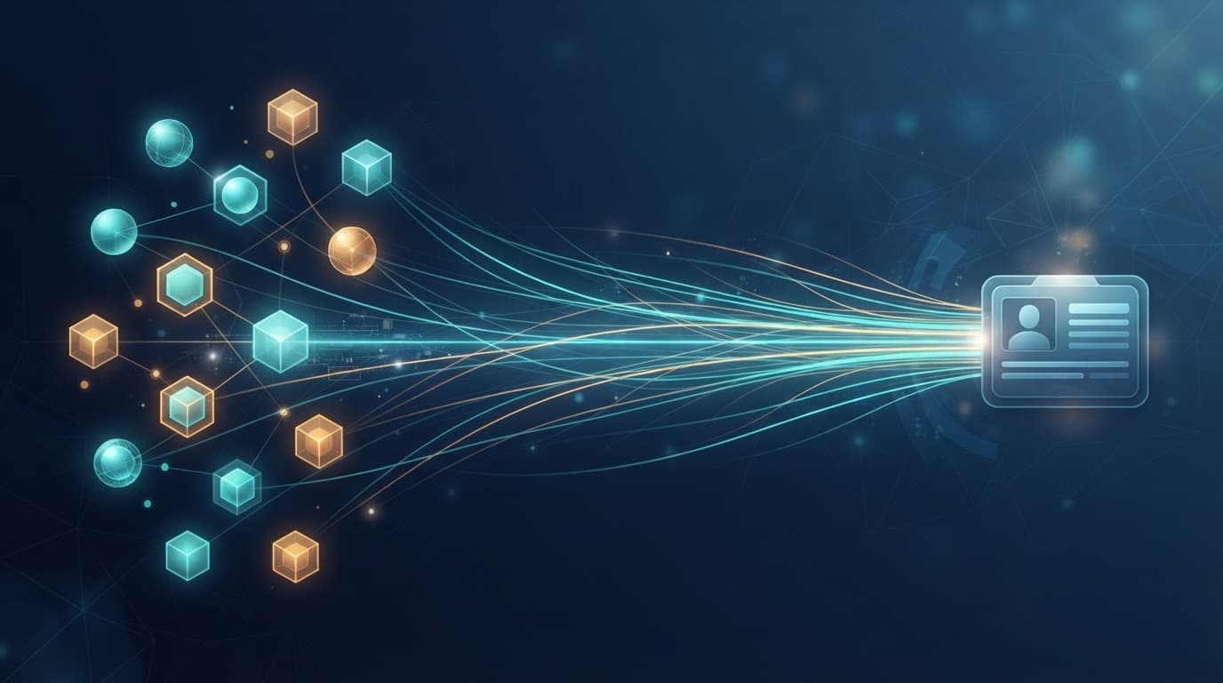 Colored campaign nodes connect to one customer record icon in a dark data network.
