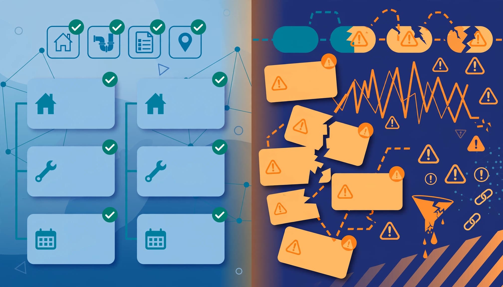 CRM records and warning icons show unreliable plumbing booking forecasts.