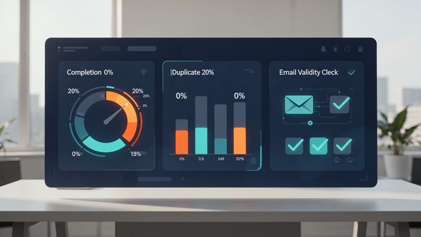 Three dashboard panels show sample records, completion gauges, duplicate rates, and email checks.