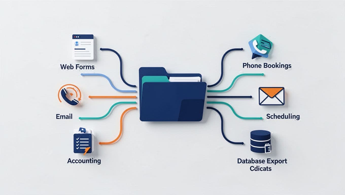 A central audit folder connects website, booking, email, accounting, and database source icons.