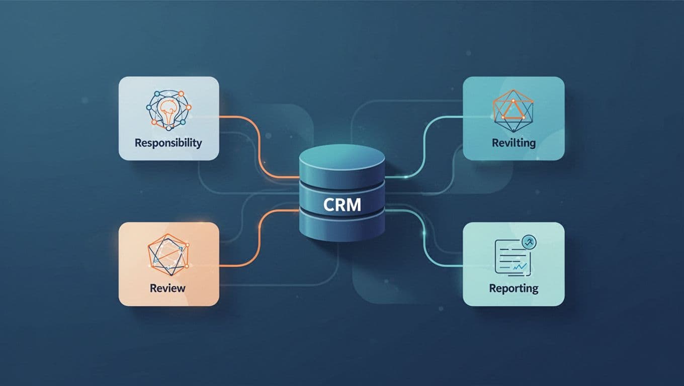 Three connected role cards surround a central CRM database.