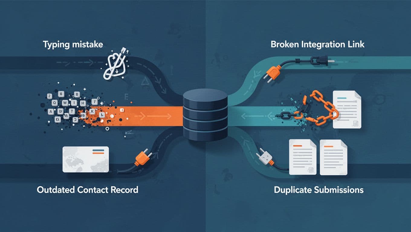 Four CRM data problems flow toward a central database.