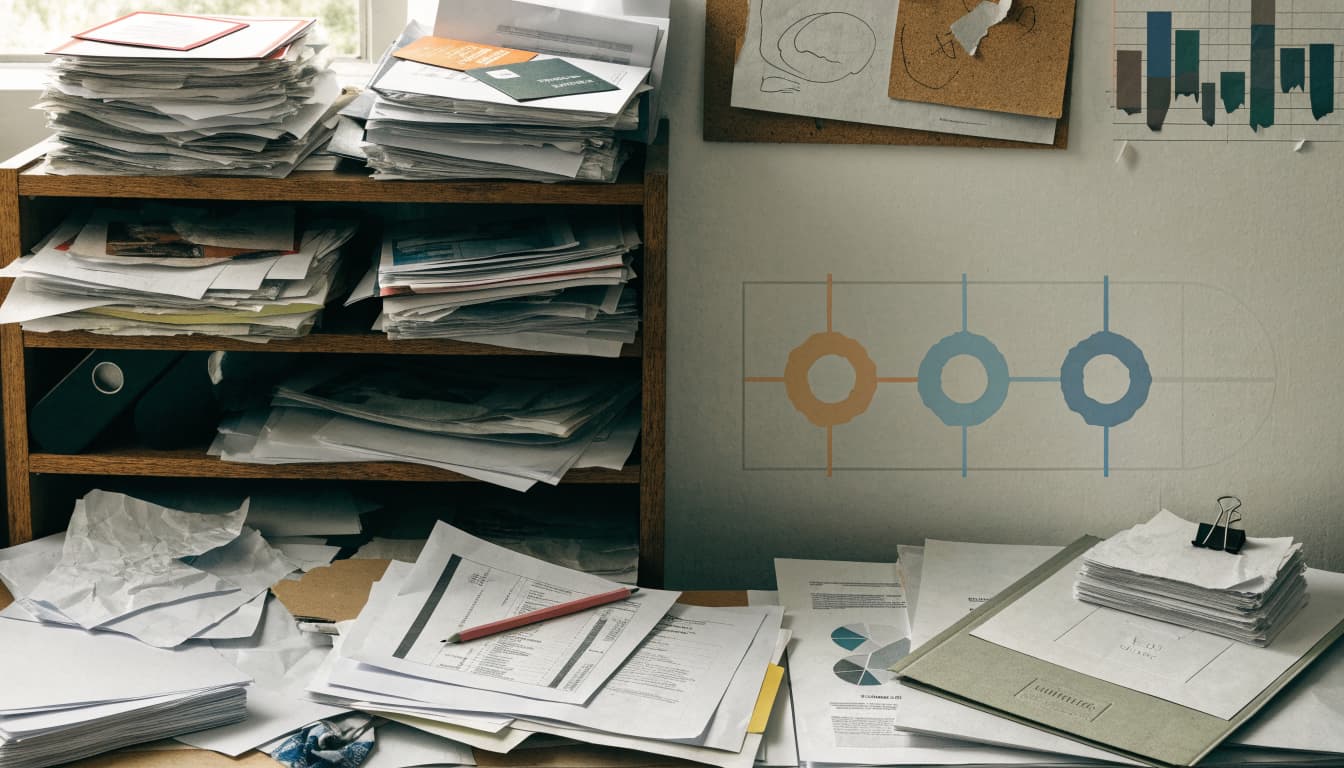 Mismatched contact cards and duplicate folders sit beside a broken chart and fading pipeline outline.