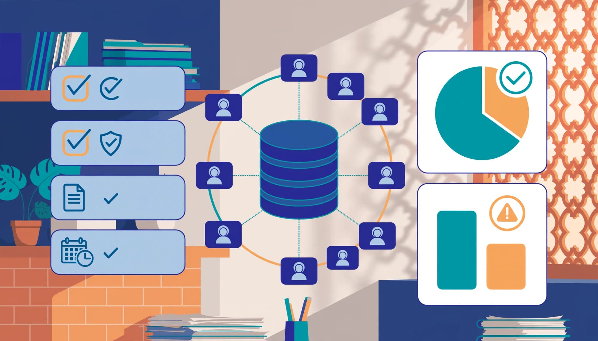 CRM cards, a checklist, and dashboard panels show clean and flagged customer records.
