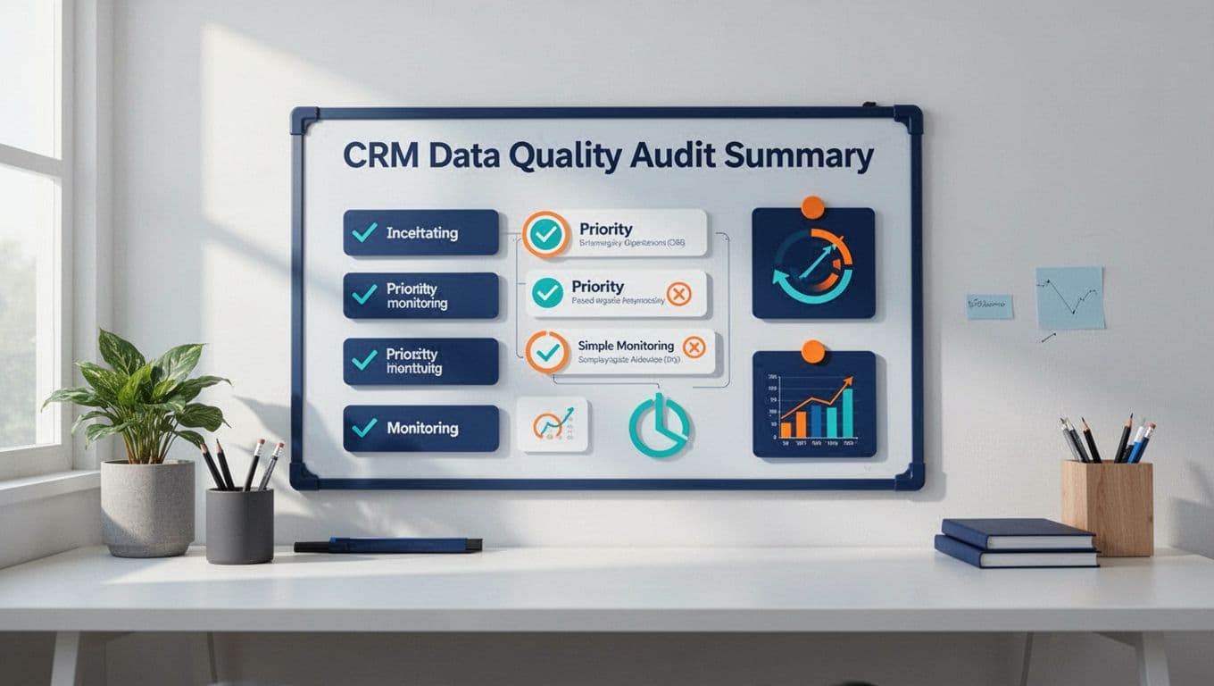 Organized CRM audit board with checklists, database symbols, and monitoring icons.