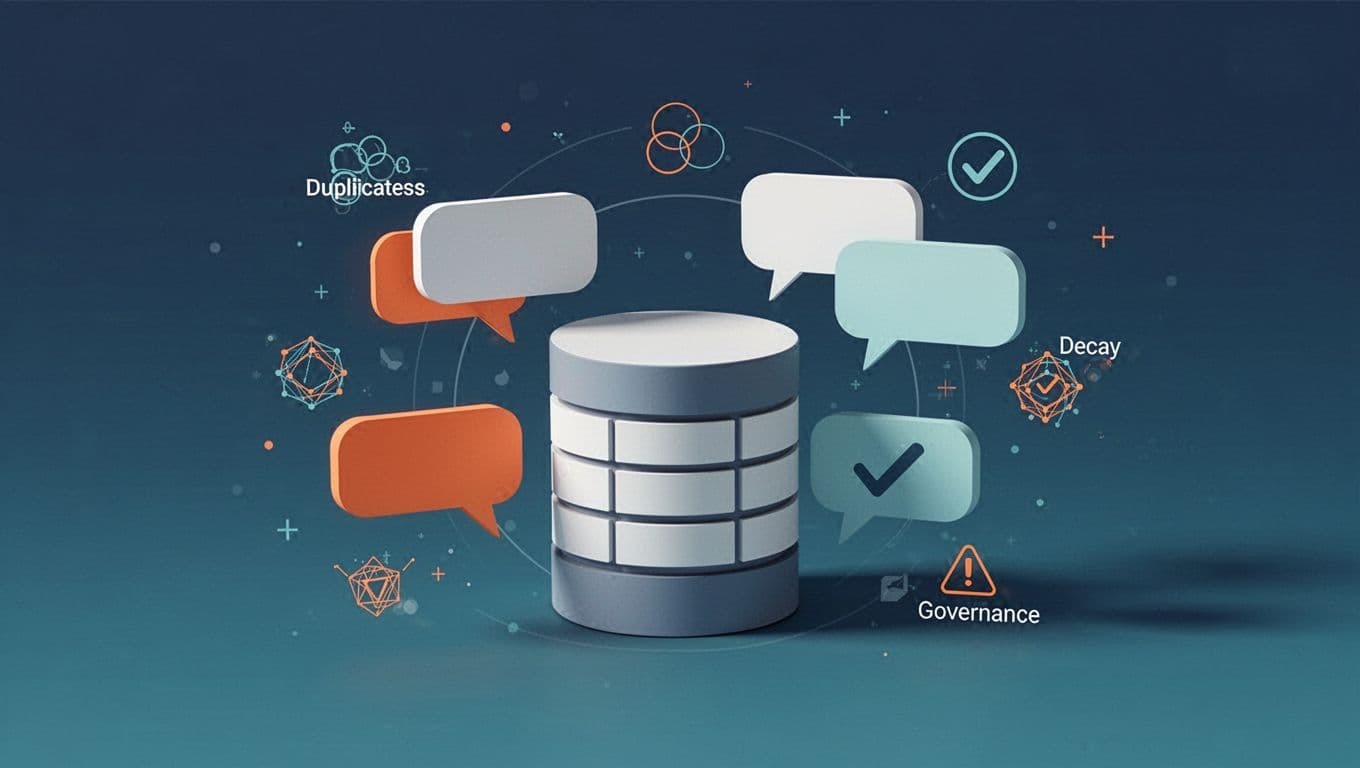 A customer database surrounded by blank speech bubbles and data quality icons.