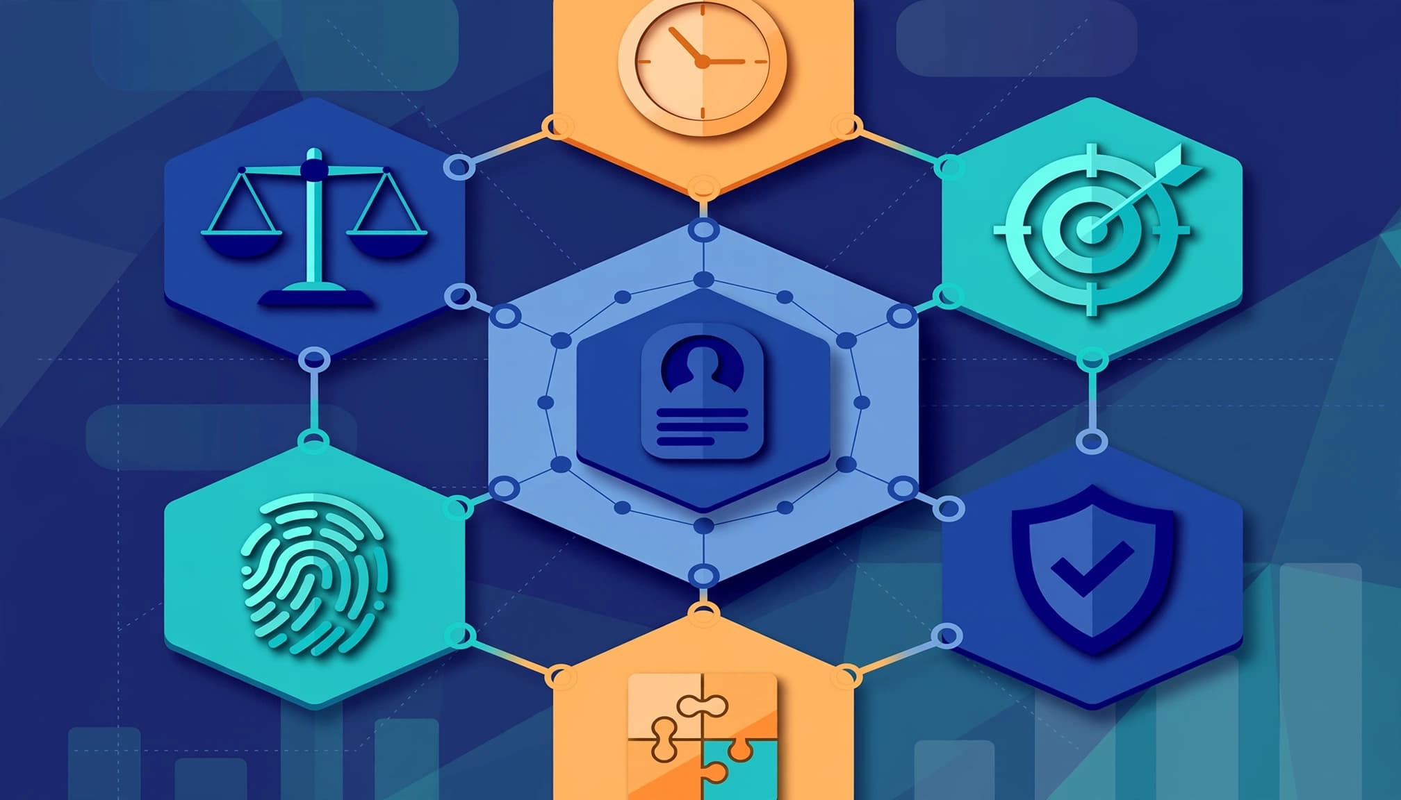 Six colored tiles surround a central customer record in a CRM data quality diagram.