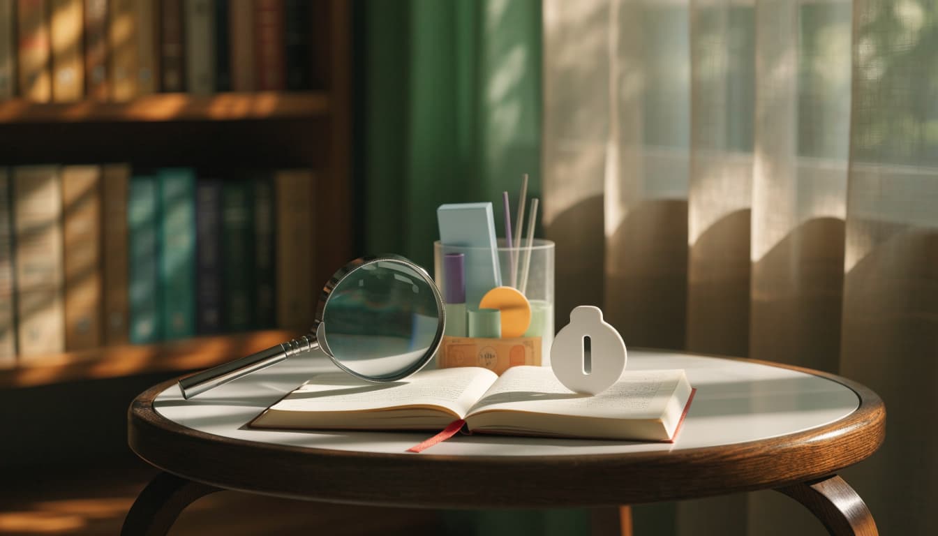 A notebook, magnifier, data cards, and privacy token rest on a sunlit round table.