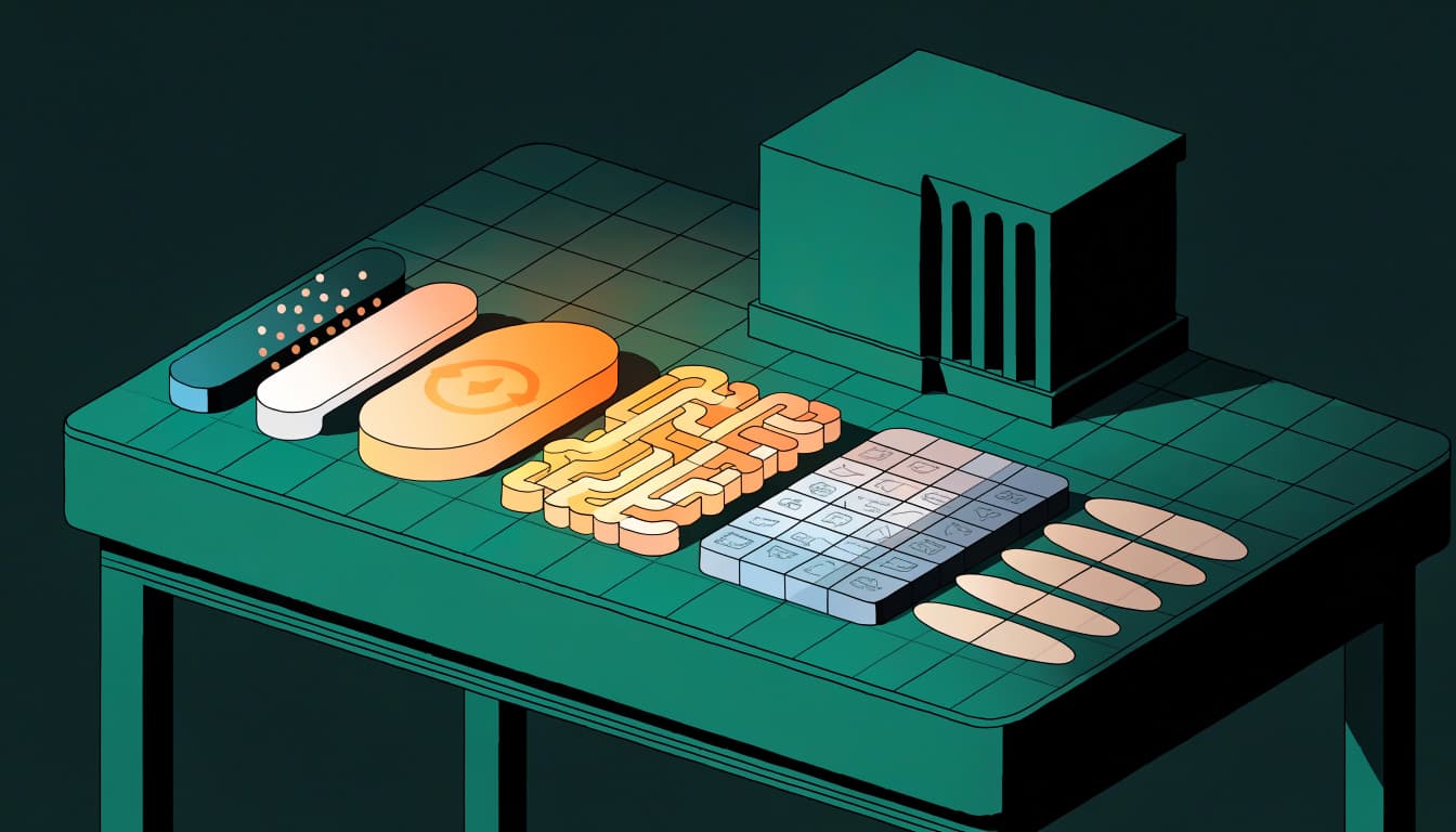 Connected translucent tiles show five stages of a CRM enrichment workflow.