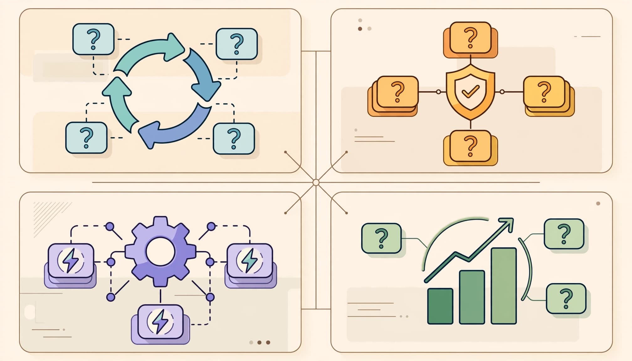 Four connected CRM reference sections show lifecycle, lead status, automation, and reporting icons.