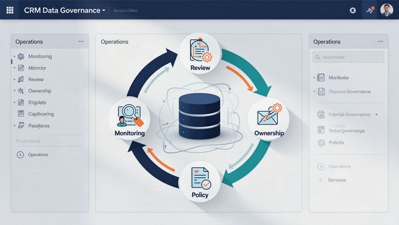 CRM database surrounded by connected governance and monitoring icons.