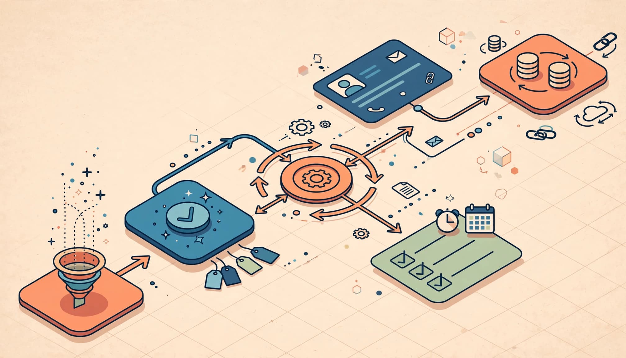 Connected CRM nodes route lead cards to sales owners and follow-up tasks.