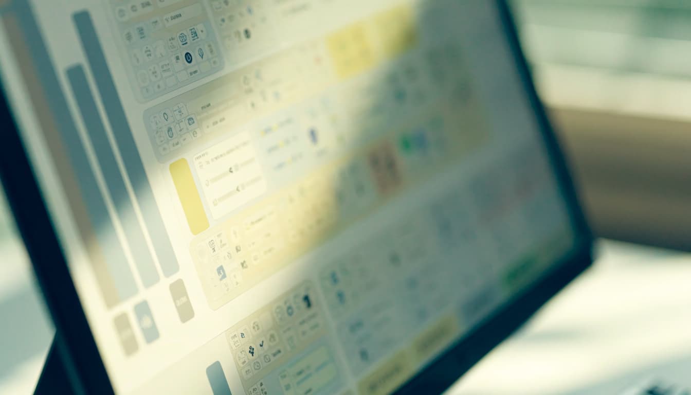 An angled CRM screen shows contact cards and abstract score bars in soft office light.