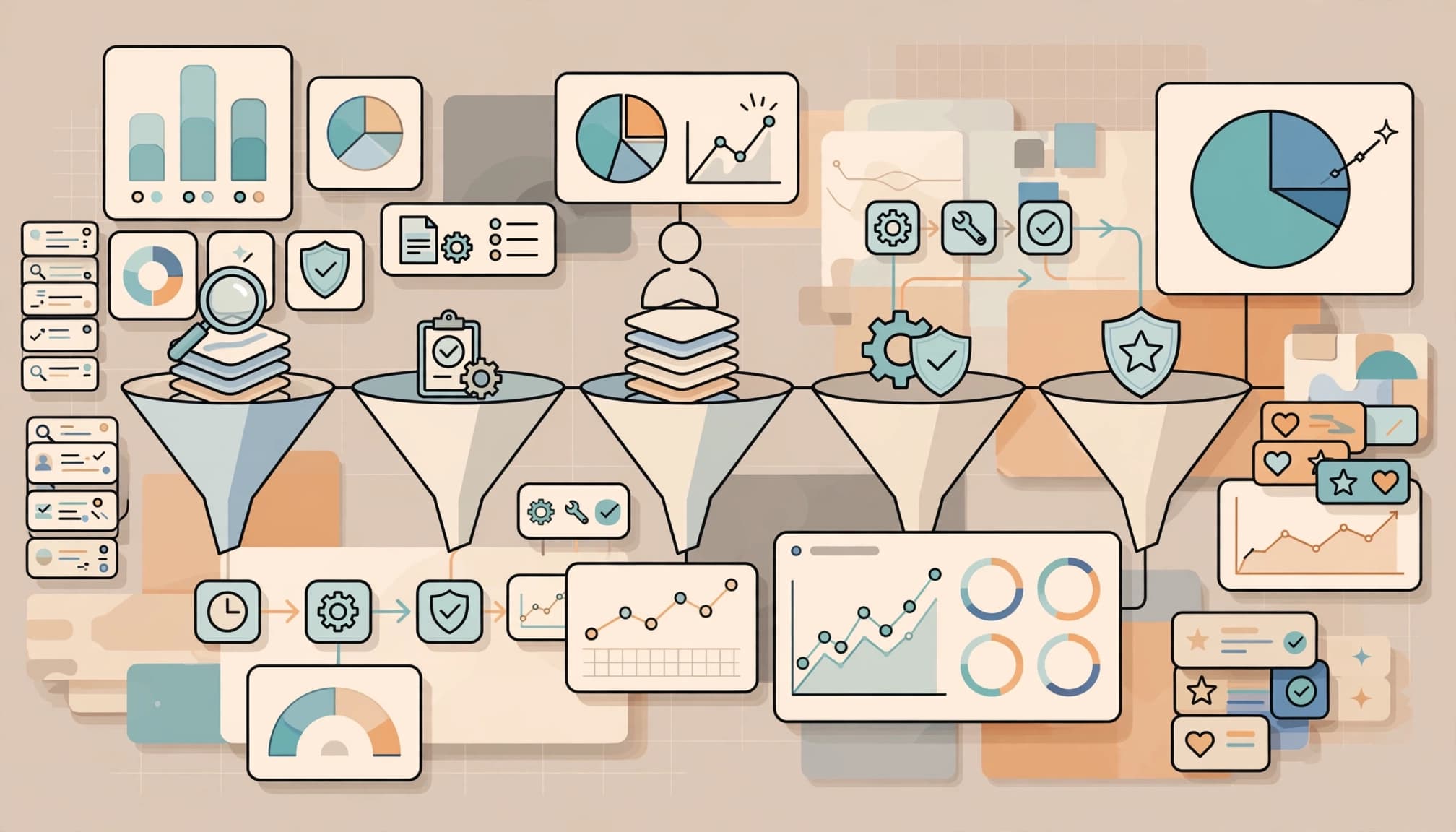 A CRM funnel connects inquiries to retained customers through workflow panels and reporting charts.