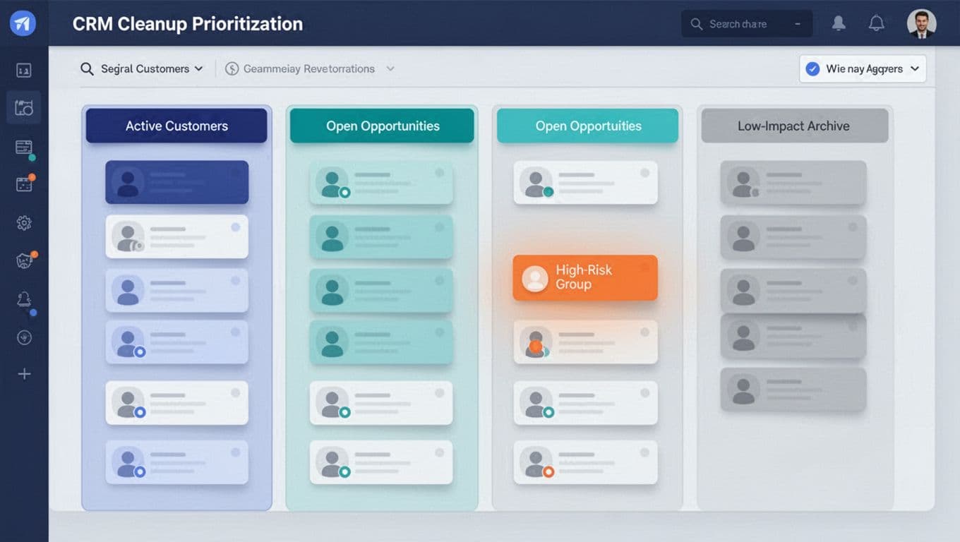 Wide dashboard with colored record groups and one highlighted orange risk cluster.