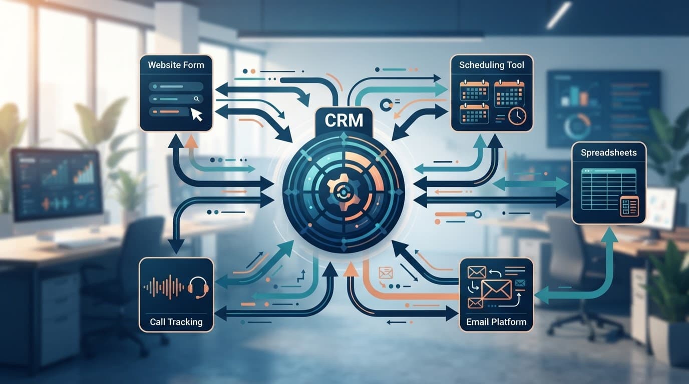 A central CRM connects to forms, calls, scheduling, email, and spreadsheets.