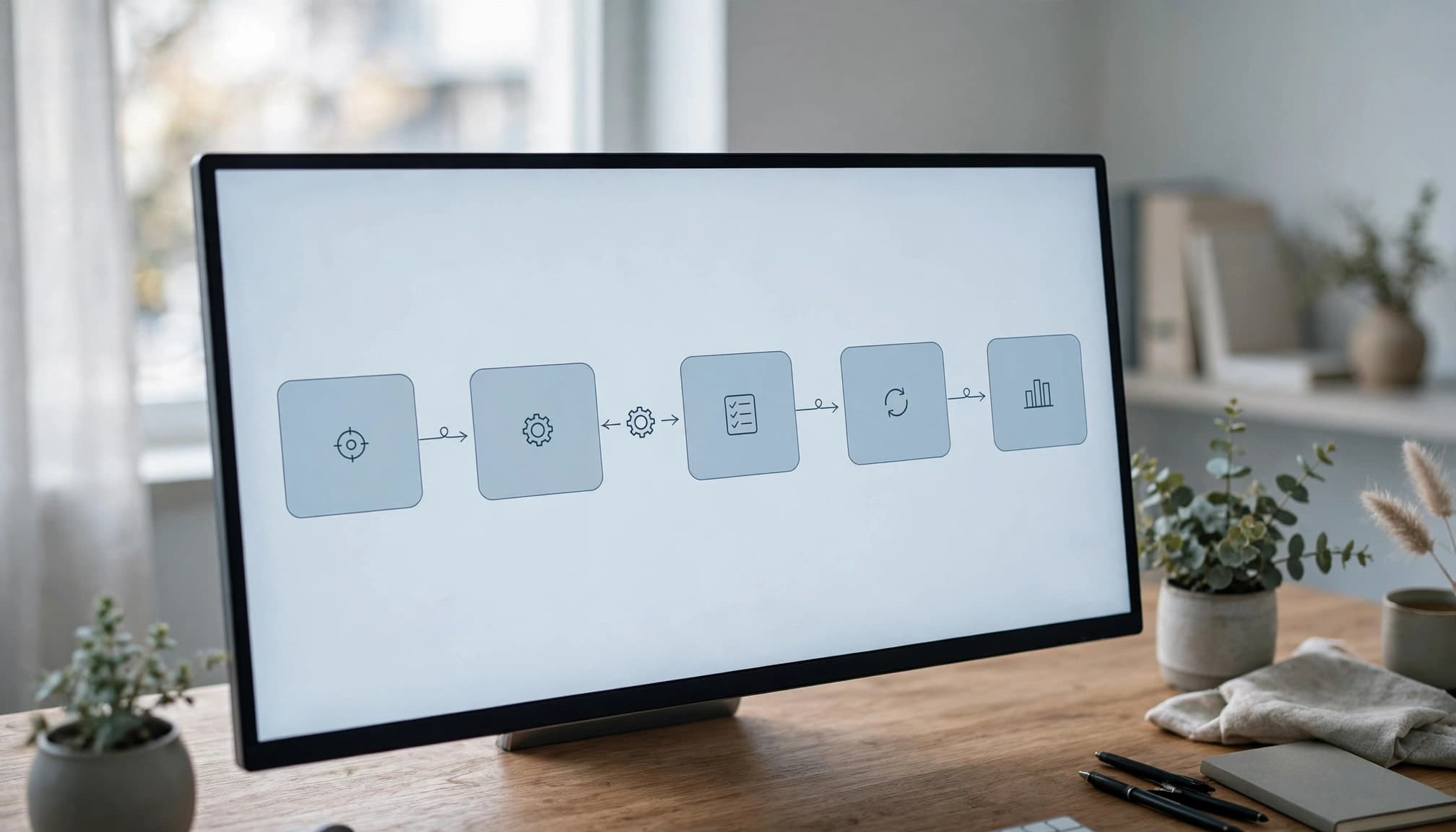 An angled monitor shows connected blank cards and simple icons in a quiet office.