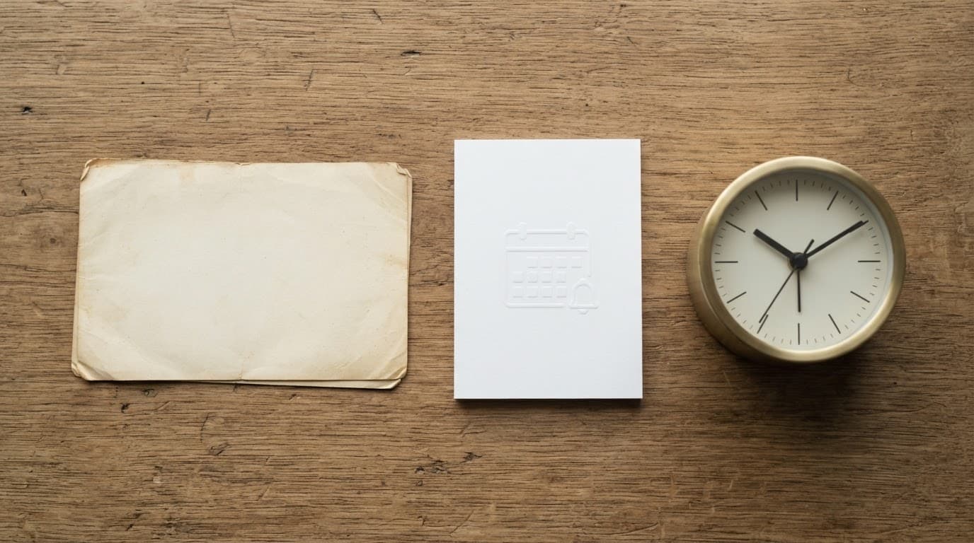 An old blank card sits beside a blank calendar reminder and small clock.