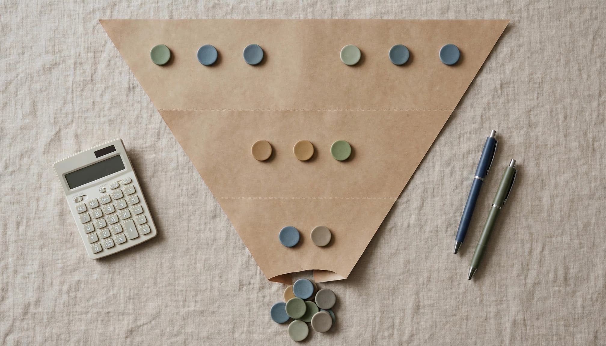Colored tokens mark stages on a paper funnel map, with several gathered below a gap.