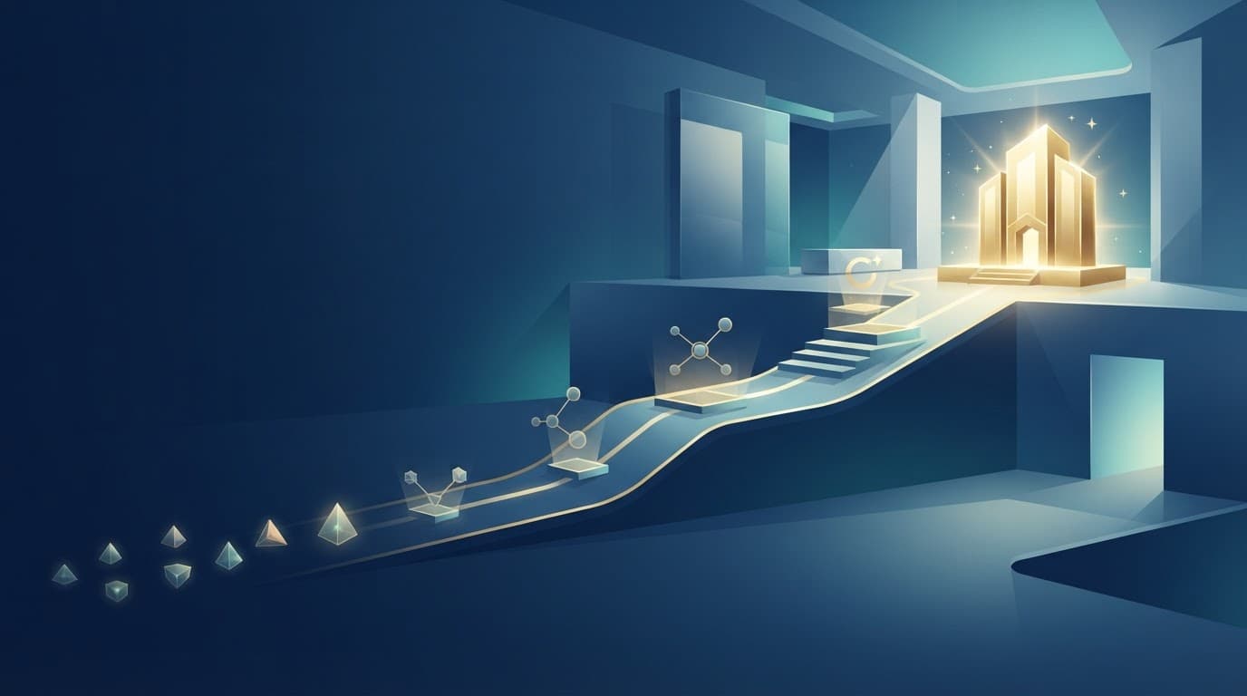 A blue office scene shows lead markers following a rising path toward a gold customer milestone.