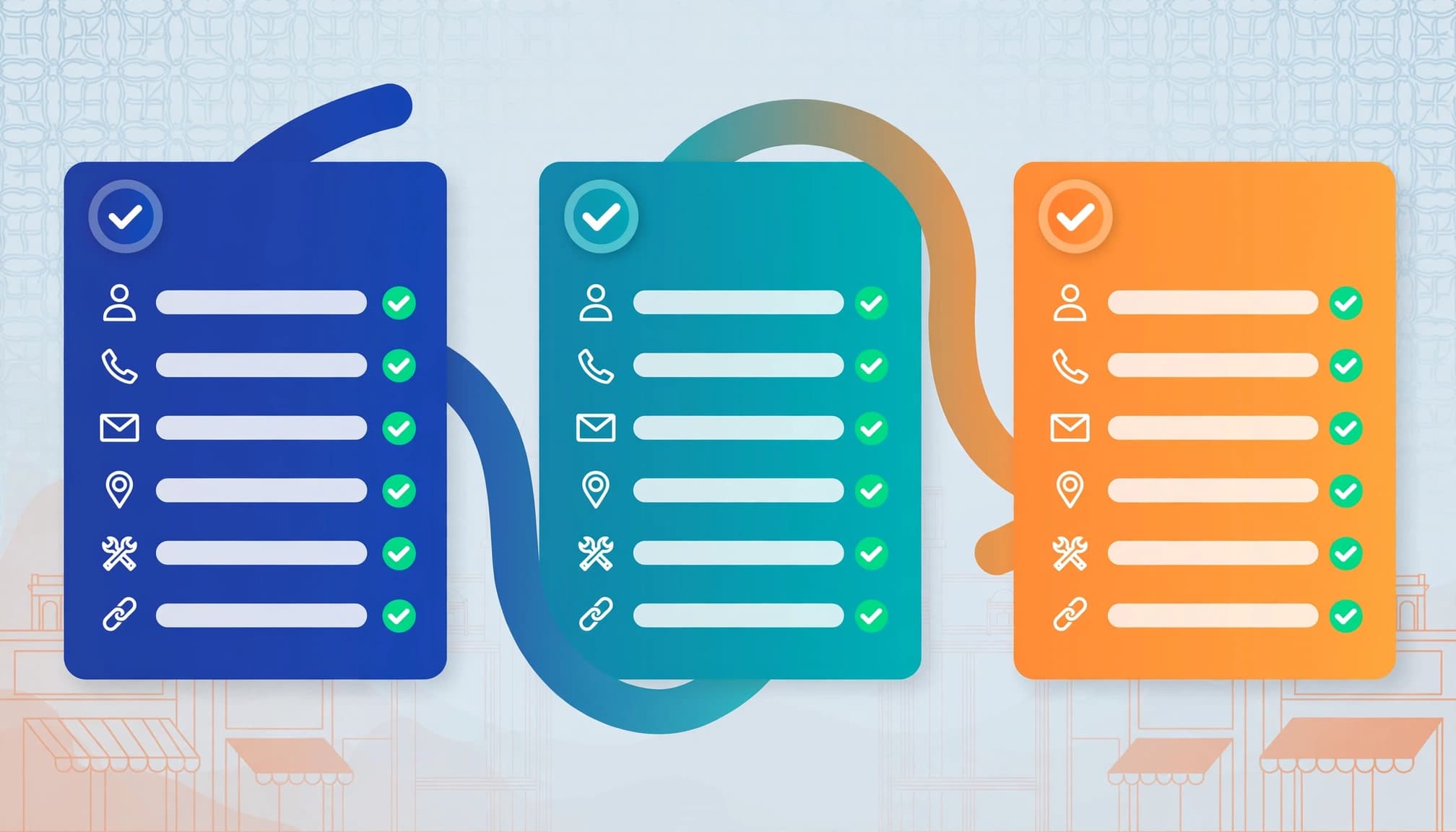 Three connected CRM panels show complete, matching customer record fields with check marks.
