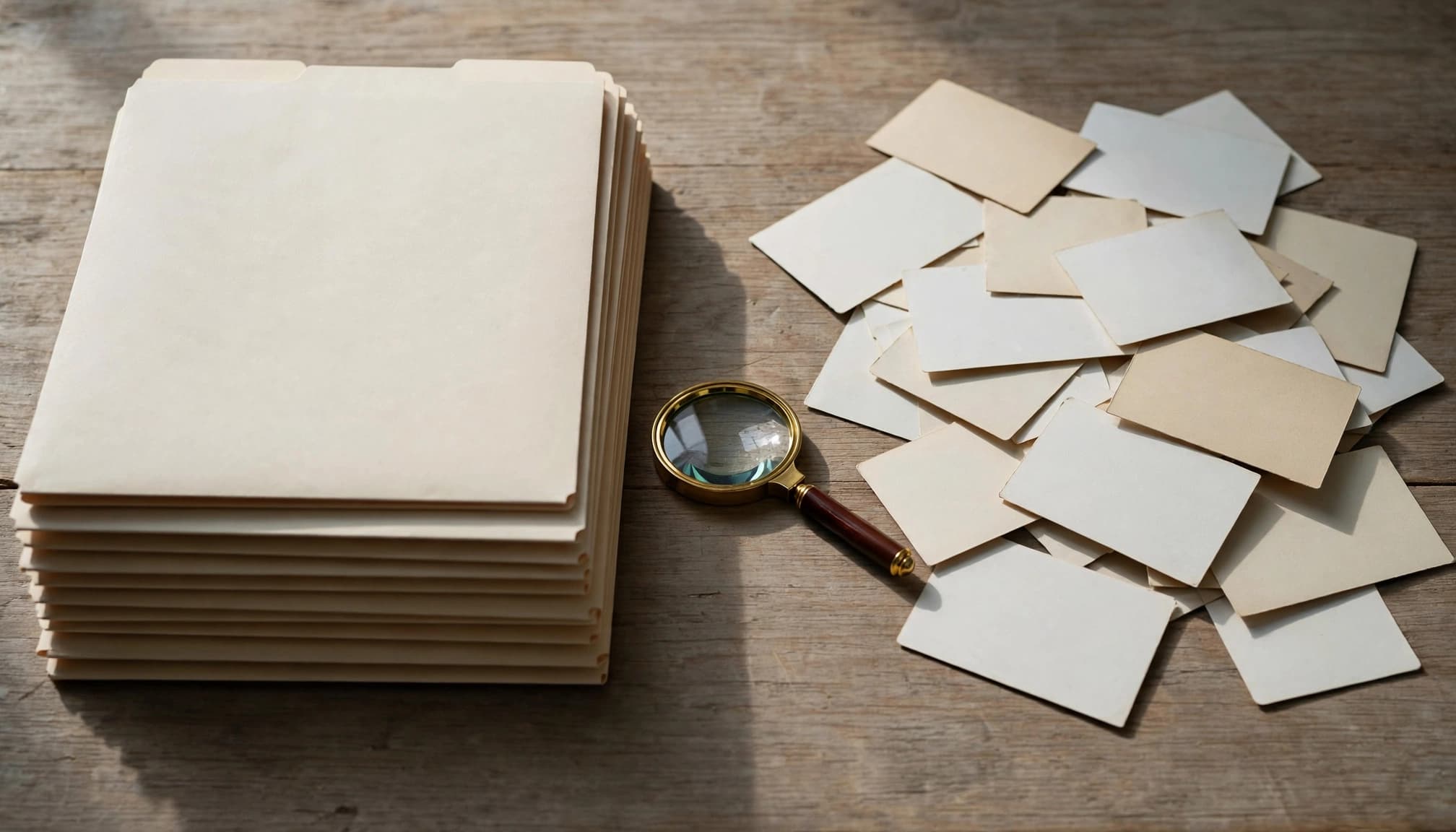 Neat folders and scattered blank cards sit opposite each other with a magnifying glass between them.