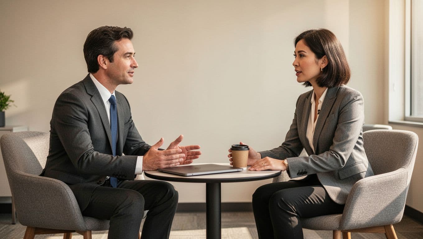 Two business professionals talk across a small table with a closed laptop and coffee cup.
