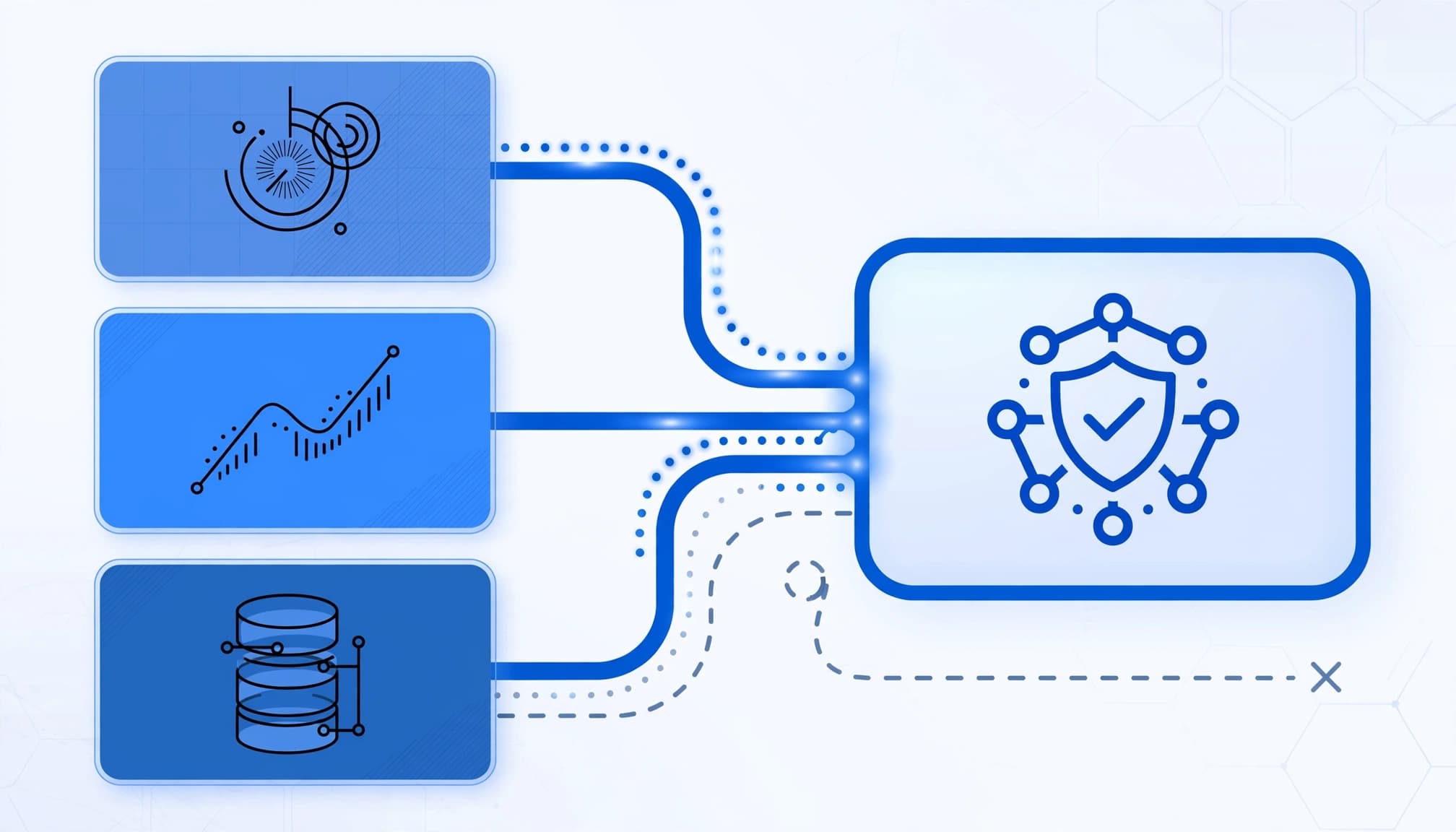 Three blue data panels connect to one central qualified lead record.