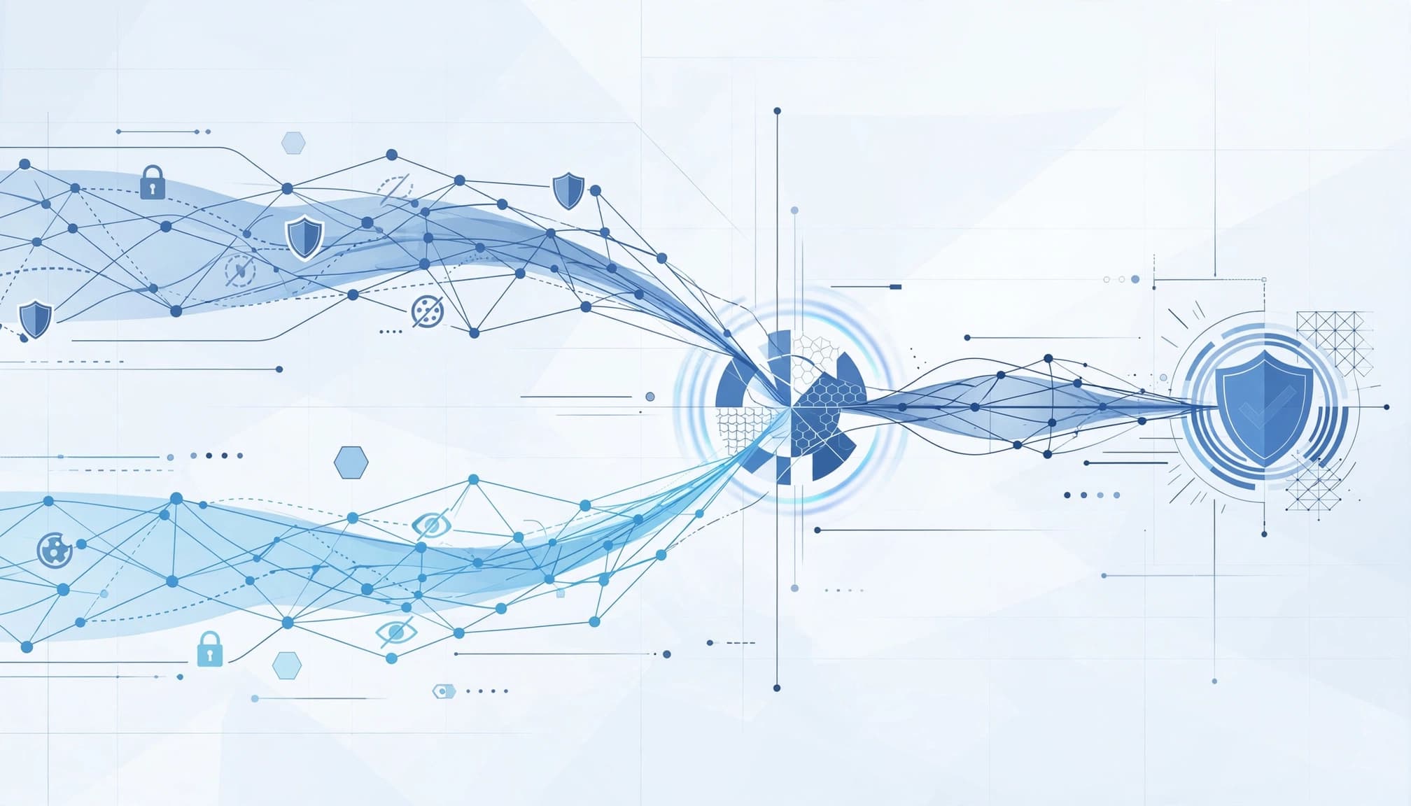 Two data streams diverge around privacy symbols before reaching one verified CRM outcome.