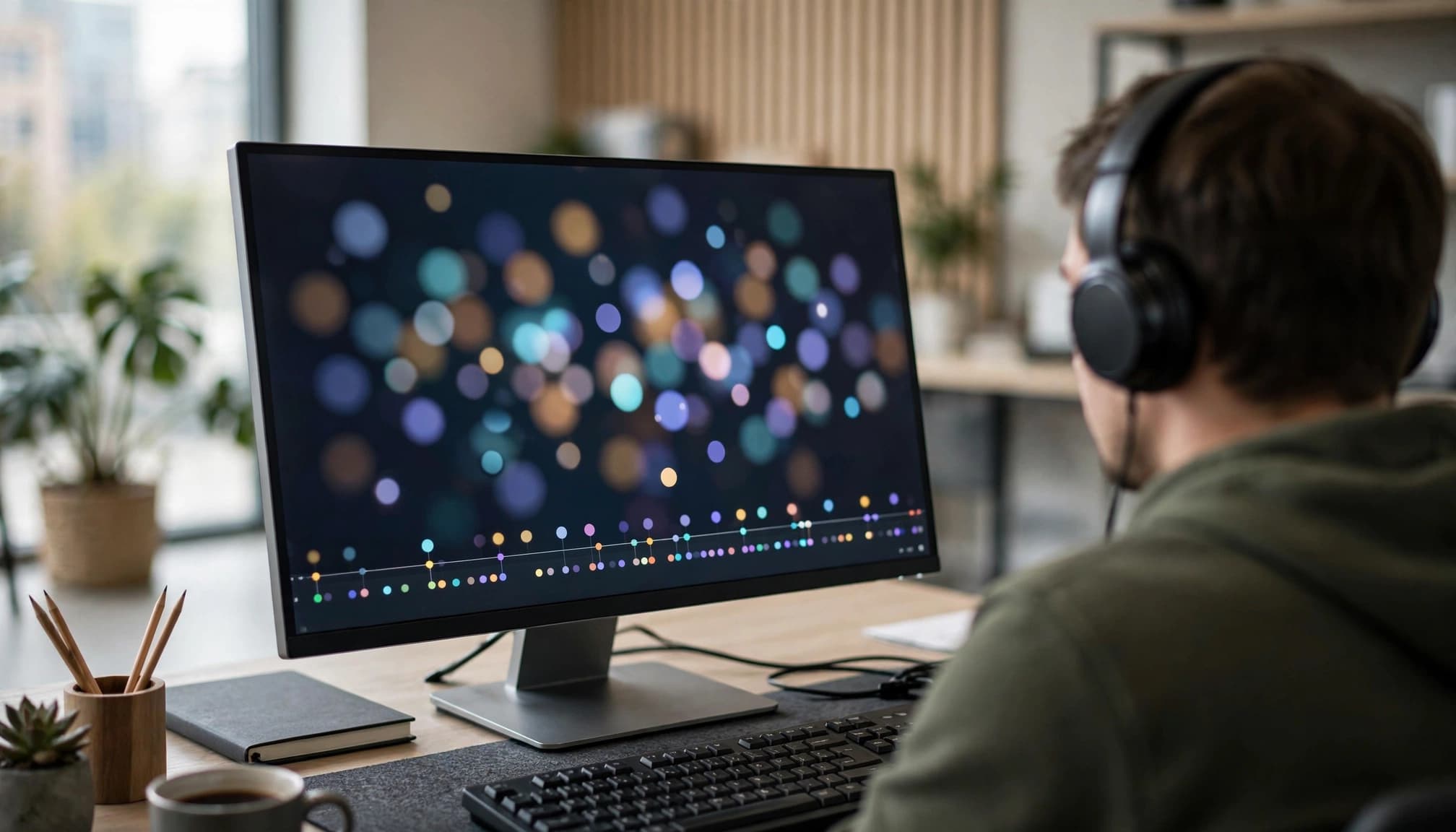 A developer checks colored dots and a timeline on a desktop monitor.