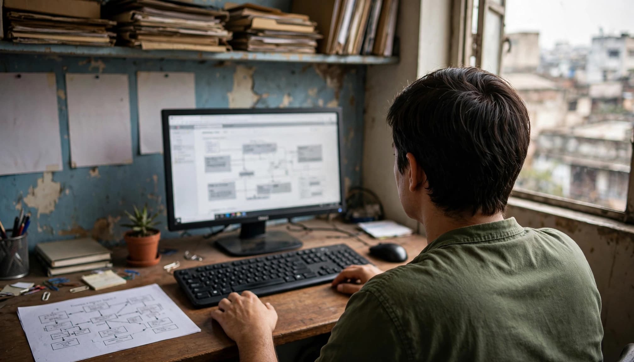 A developer reviews a page structure and printed diagram at a desk.